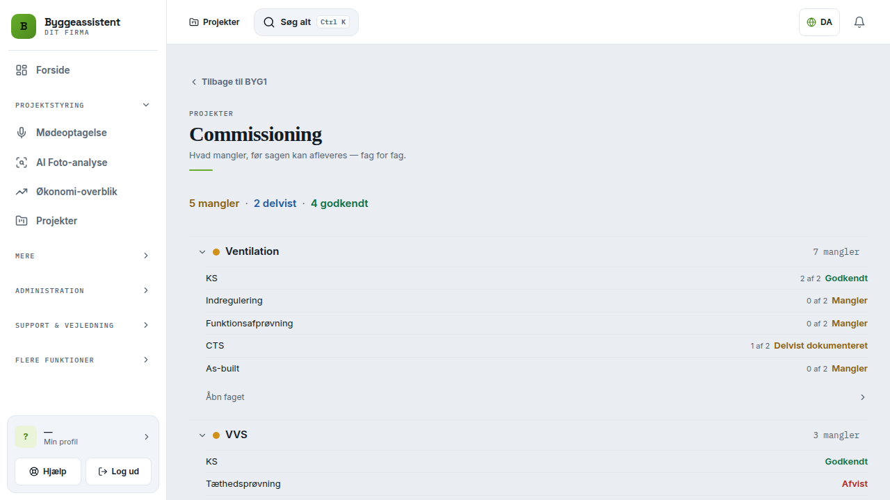 Commissioning i Byggeassistent — status fag for fag