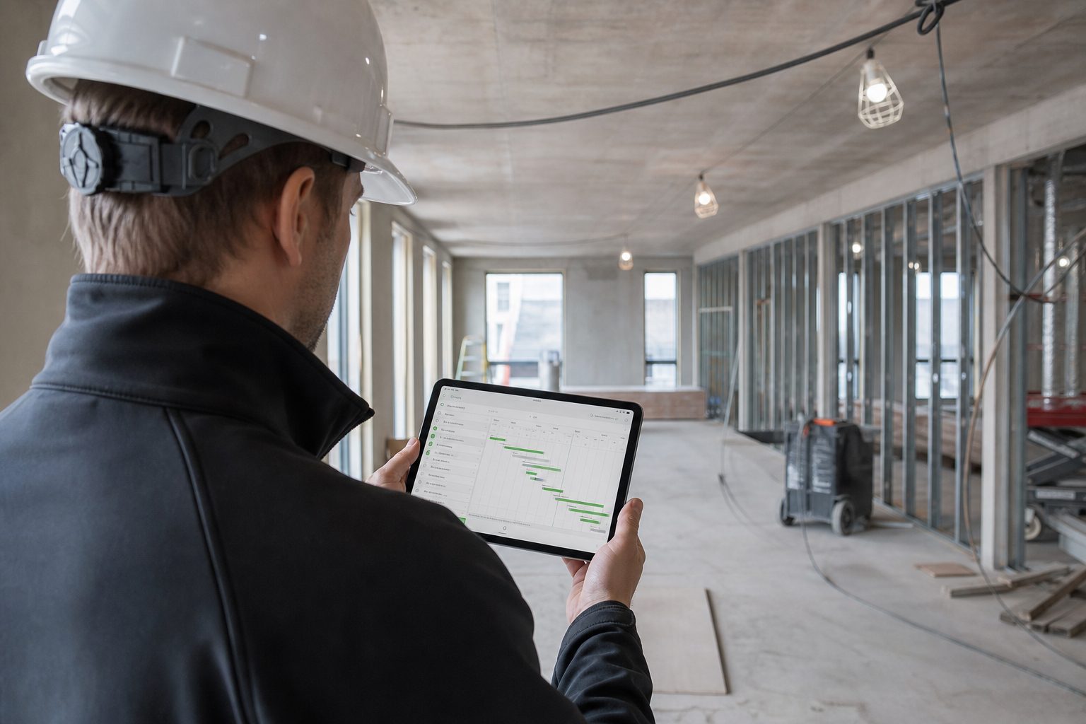 Tidsplan på tablet på byggeplads